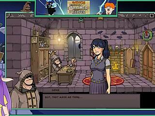 Provocative witch trainer game where brunette teacher shows big tits in hentai action