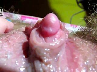 sticky hairy pussy with huge clit up close