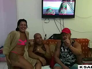 Skinny Brazilian wife joins wild bathroom orgy.