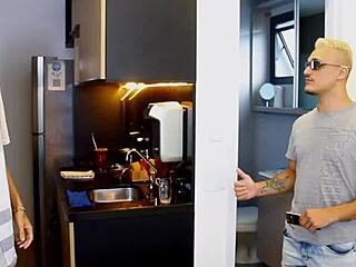 hung guy catches twink jerking off in shared room shower