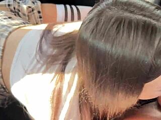 Brunette with braces swallows cum after car blowjob