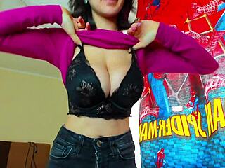 mylaangel squeezes big tits in tight clothes and sucks nipples