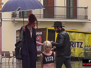 hey, watch this public slut get humiliated by strict domina on street!