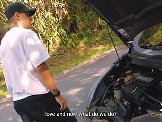 I'm a nymphomaniac fucking my lover and the mechanic outdoors in public.