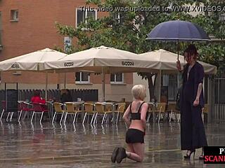 hey, watch this public slut get humiliated by strict domina on street!
