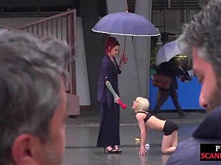 hey, watch this public slut get humiliated by strict domina on street!