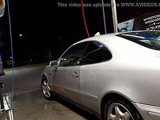 Dominating raw transsexual action in public car wash setting