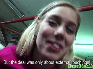 Cute blonde picked up flashes her body to the camera in public.