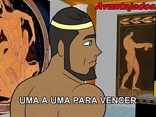 Brazilian cartoon gods with huge cocks engage in gay sex.