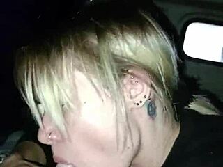 Young amateur girl sucks cock at the back of a truck in city center.