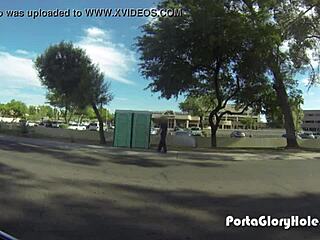 porta gloryhole redhead mouth pumped full of cum!