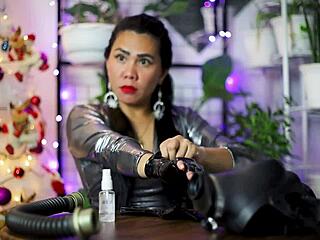 Black latex gloves used in detailed fetish ASMR session.