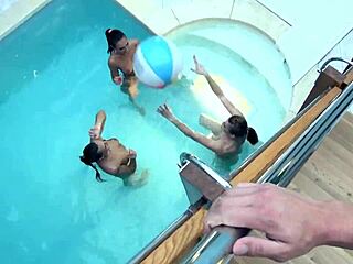 Three glamorous bombshells share a pool moment