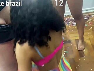 carnival party with two beautiful women and nice friends having fun