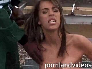 interracial workers double penetrate young skinny teen in outdoor threesome pounding