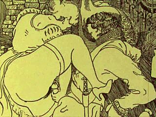 This vintage erotic drawing features retro hentai style.