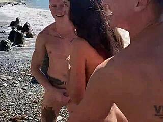 Four lone rangers found a girl on the beach and fed her with their dicks