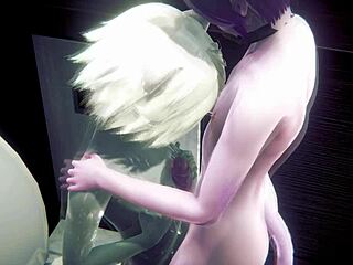 Grey cat boy dominates pink sissy in public toilet sex