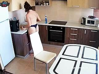Beautiful Woman Cleans Kitchen Topless