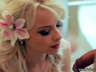 Erotic artistic blowjob with blonde swallow and facial