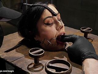 Bound brunette babe gets her pussy whipped hard!