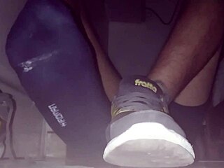 A Guy Enjoys Blue Sweaty Socks and Bare Feet, Ending with Cumshot