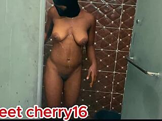 lonely african girl with big tits feels emotional during pussy warming creampie