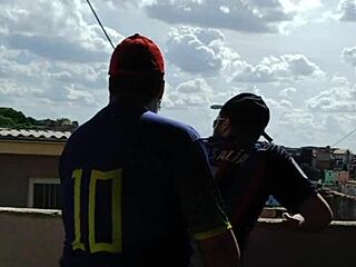 Brazilian chubby guy gets bareback assfucked publicly on the slab with onlookers