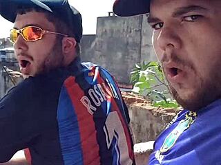 Brazilian chubby guy gets bareback assfucked publicly on the slab with onlookers