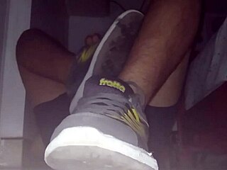 A Guy Enjoys Blue Sweaty Socks and Bare Feet, Ending with Cumshot