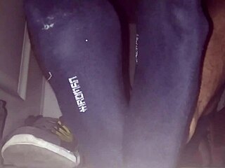 A Guy Enjoys Blue Sweaty Socks and Bare Feet, Ending with Cumshot