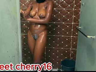 lonely african girl with big tits feels emotional during pussy warming creampie