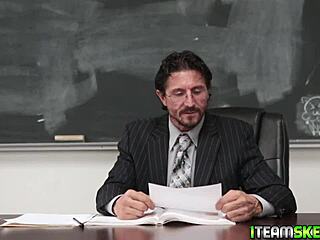 Jade Amber eagerly sucks her teacher’s massive cock in class.