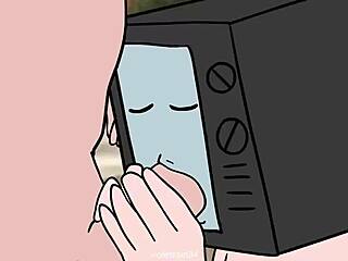 tv woman and cameraman trade wild blowjobs in cartoon toilet scene. pure hentai action unfolds.