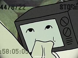 tv woman and cameraman trade wild blowjobs in cartoon toilet scene. pure hentai action unfolds.