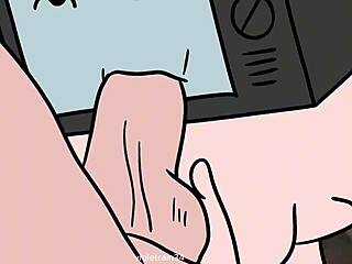 tv woman and cameraman trade wild blowjobs in cartoon toilet scene. pure hentai action unfolds.