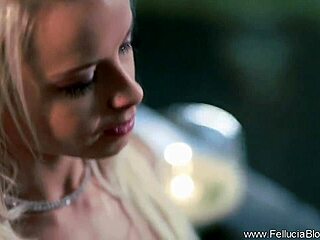 Classy blonde delivers deep CFNM blowjob with skilled handjob and swallows every drop of jizz