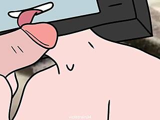 tv woman and cameraman trade wild blowjobs in cartoon toilet scene. pure hentai action unfolds.