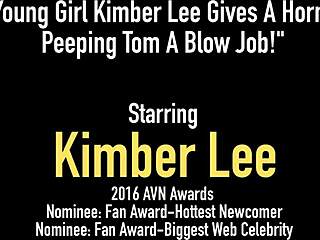 Can young Kimber Lee satisfy a horny peeping tom with her skilled blowjob?