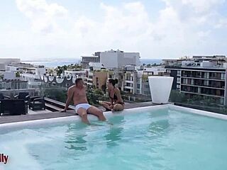 She licks my big tits as I cum from the stranger's creampie