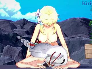 Shenhe, Lumine, Miko Yae, and Raiden Shogun in a Genshin Impact hentai adventure.