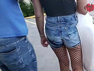 Brazilian wife Cristina gets creampied in parking lot while cuckold films