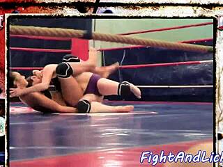 European babes engage in wrestling match in boxing ring