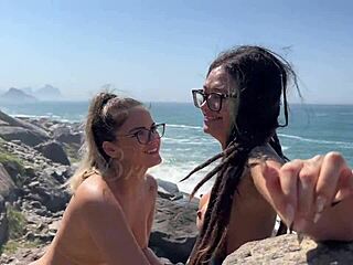 Two hot Latinas lick pussy on outdoor trail.