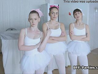 Three Teen Ballerinas Devour One Big Cock!