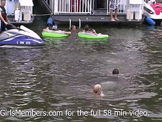 Wow! Horny coeds strip down for a wild naked lake party at Ozarks!