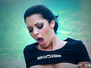 busty diva orgasms by the pool