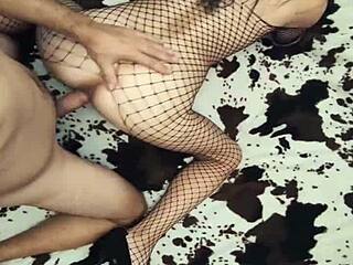 Milf wife in fishnets and lingerie gets anal stretched by big cock