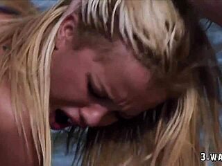 Amateur blonde with big tits and tattoo engages in outdoor threesome with group