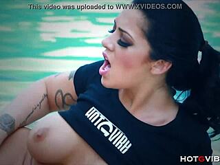 busty diva orgasms by the pool